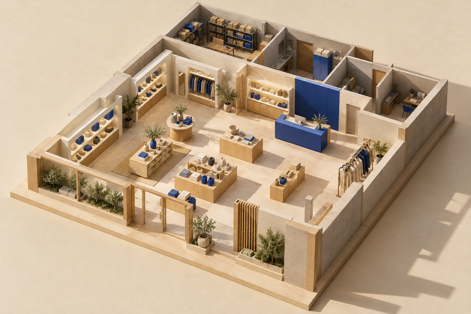 Conceptual architectural scale model showing a retail sales floor and the operations behind it